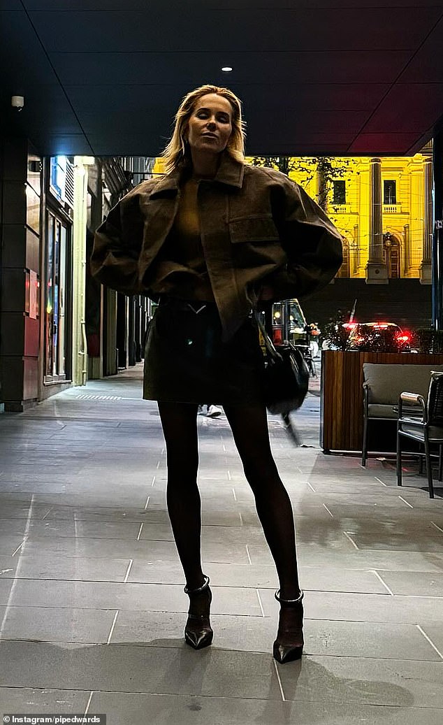 In a series of Instagram photos shared to her account on Tuesday night, Pip showed off her tiny legs in a distressed $300 Ksubi miniskirt paired with opaque tights.