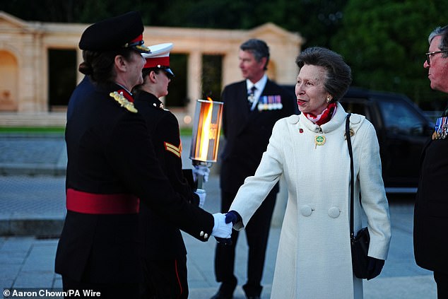 The Princess Royal shakes hands with Brigadier Anna Kimber, director of the D-Day 80 programme, at the Bayeux war cemetery in Normandy, France, on June 5.