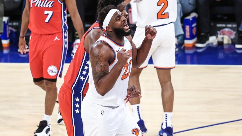 April 20, 2024; New York, New York, United States; New York Knicks center Mitchell Robinson (23) after being penalized for a foul in the fourth quarter against the Philadelphia 76ers in the first game of the first round of the 2024 NBA playoffs at Madison Square Garden. 