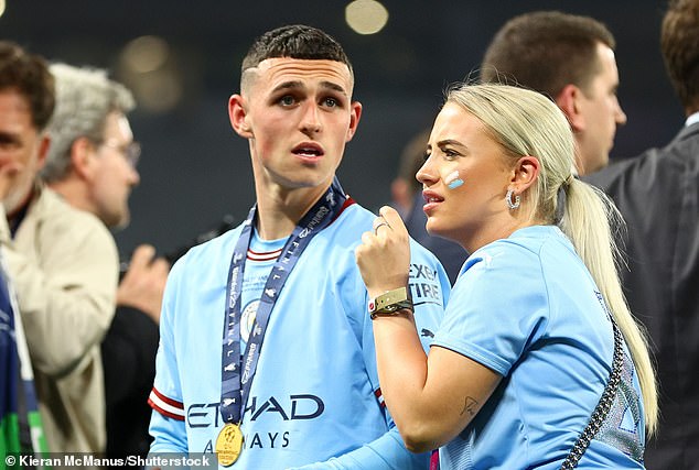 Foden (left) reportedly visited a psychic with his girlfriend Rebecca (right) before the Euros.