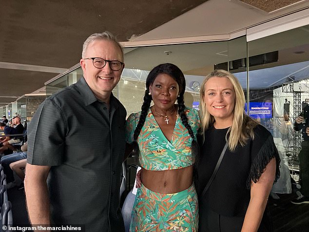 Anthony Albanese (left) and his fiancee Jodie Haydon (right) are pictured with Australian musician Marcia Hines (center) at a Foo Fighters concert.