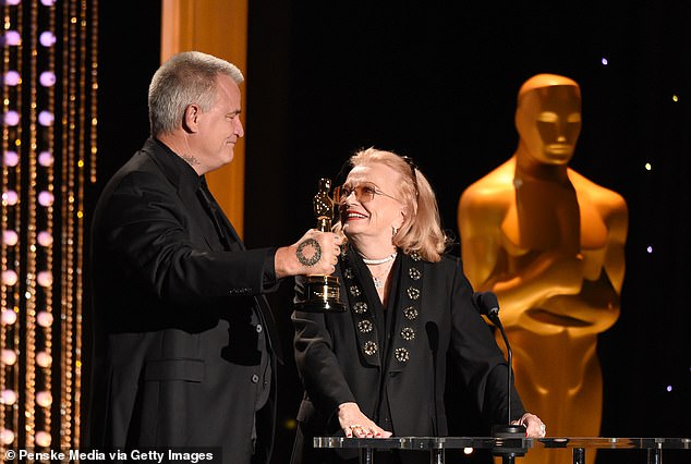 Pictured: Nick Cassavetes presenting his mother, Gena Rowlands, with the Honorary Award from the Board of Governors of the Academy of Motion Picture Arts and Sciences.