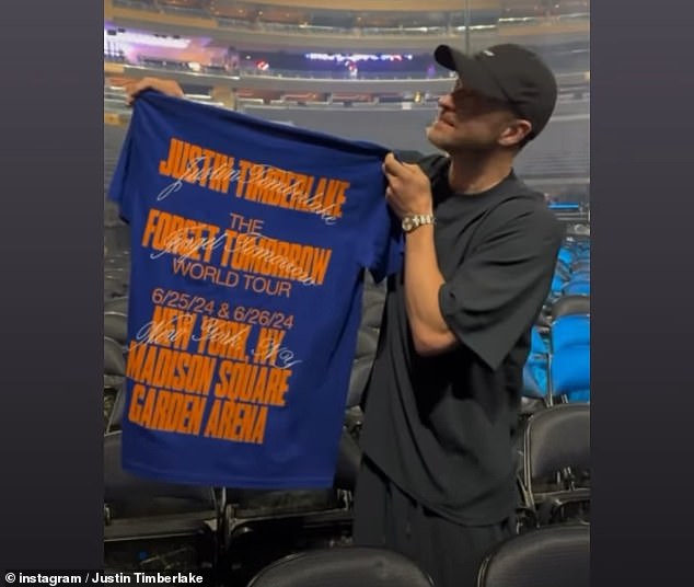 The singer, 43, who returned to social media for the first time since his arrest in the Hamptons last week, held up a tour T-shirt and said: 