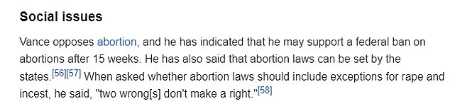 The original says Vance has expressed support for a federal ban on abortion at 15 weeks. 