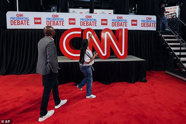 Final touches in the spinning room for the upcoming debate in Atlanta, Georgia