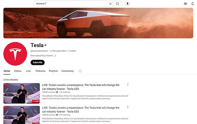 When people search for Channel Seven on YouTube, they are directed to Tesla's YouTube account.