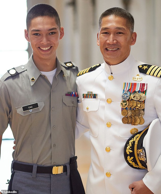 Cao (pictured with his son, who also joined the military) retired with the rank of captain in 2021 after a 25-year career.