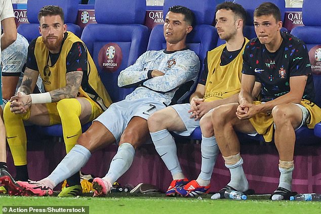 Ronaldo collapsed in his seat after being substituted in Gelsenkirchen