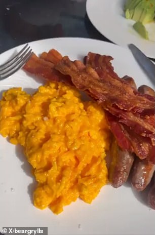 In 2022, Grylls posted a photo of bacon, sausages and scrambled eggs on X, with the caption: 'Eat well before speaking at an event! Ready to go.