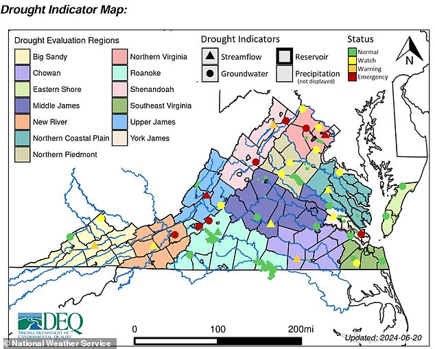 The Virginia Department of Environmental Quality (DEQ) issued the warning on Monday that affects people in 12 counties in the state, while another 95 counties are under a watch alert to facilitate residents' preparation for a drought.