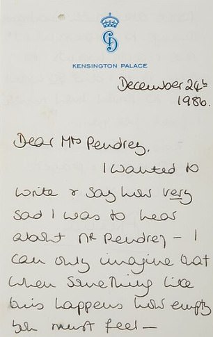 On December 24, 1986, Diana wrote to Mrs. Pendrey to express her condolences on the loss of her husband. She said: 