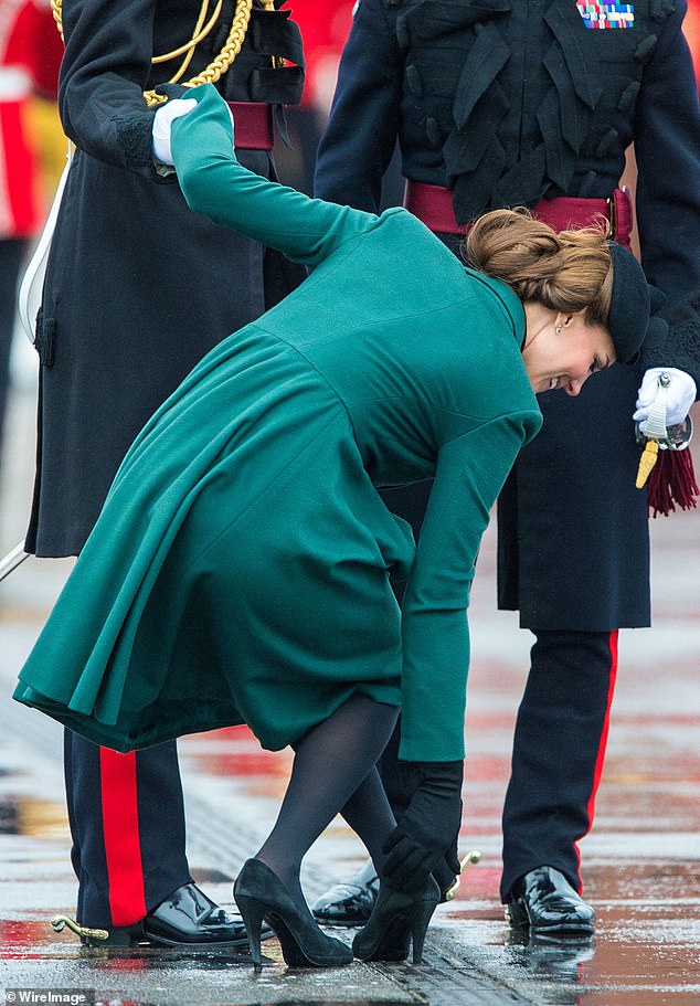 Catherine, Princess of Wales, got her shoe stuck in a grate during the 2013 St Patrick's Day Parade at Mons Barracks in Aldershot. Fortunately, Prince William was able to offer support.