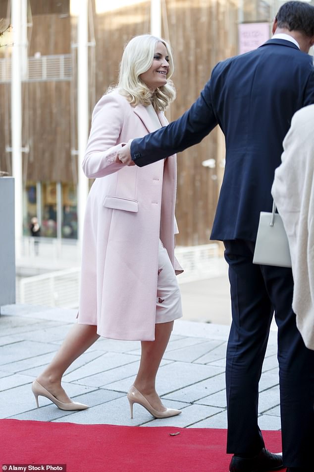 Mette-Marit, Crown Princess of Norway, got her heel stuck in a crack between two flagstones when she arrived at a reception at the Astrup Fearnley Museum with her husband, Crown Prince Haakon, in 2017.