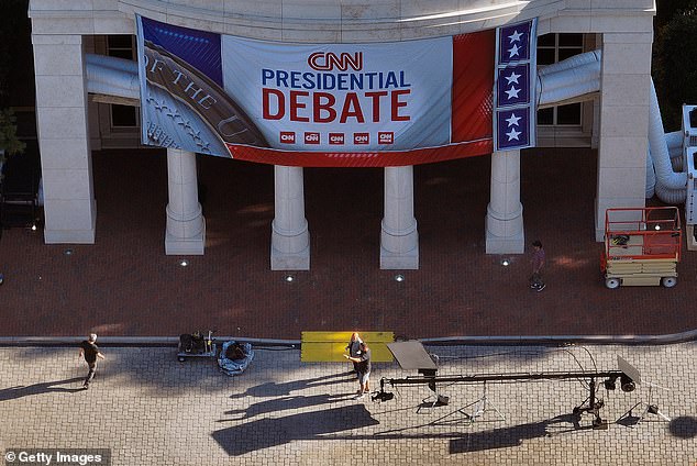 In an aerial view, posters for a CNN presidential debate are seen outside its studios inside Turner Entertainment Networks.