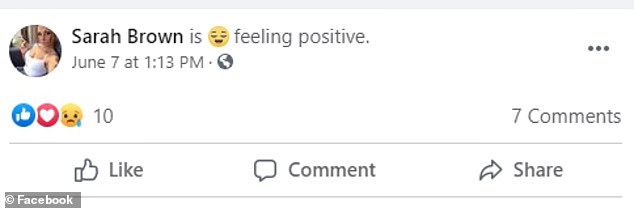 Sarah Brown appeared to be in good spirits for several hours before she disappeared. Pictured is her last Facebook post of hers.