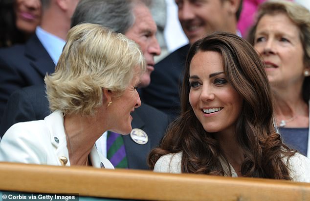 The Princess of Wales chats with Gill Brook, the wife of Philip Brook, the then president of the All England Club, during a quarter-final match at Wimbledon in 2012.