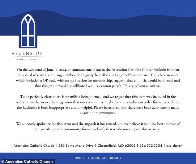 The Catholic Church quickly retracted the announcement and posted a statement of apology (pictured) on its website.