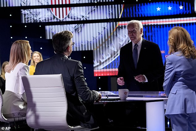 President Joe Biden, second from right, and first lady Jill Biden, right, greet CNN event moderators Dana Bash, from left, and Jake Tapper