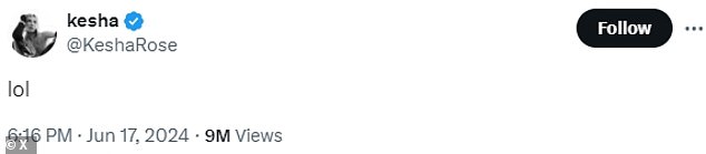 Kesha, whose full name is Kesha Rose Sebert, tweeted 'lol' following the news that Perry and Dr. Luke would be collaborating.