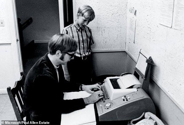 Bill Gates watches his friend and future Microsoft co-founder Paul Allen type on a teletype terminal at Lakeside School in 1968. Gates was about 13 years old in this image.