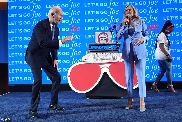 Joe and Jill Biden speak at a presidential debate watch party Thursday night.