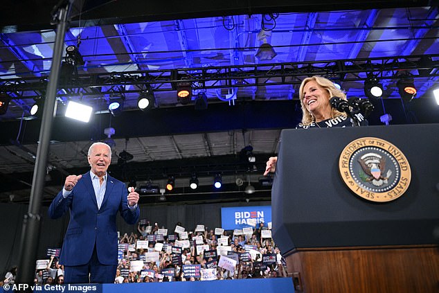 First lady Jill Biden, who helped her husband off stage after his CNN calamity, wore a dress covered with the word 