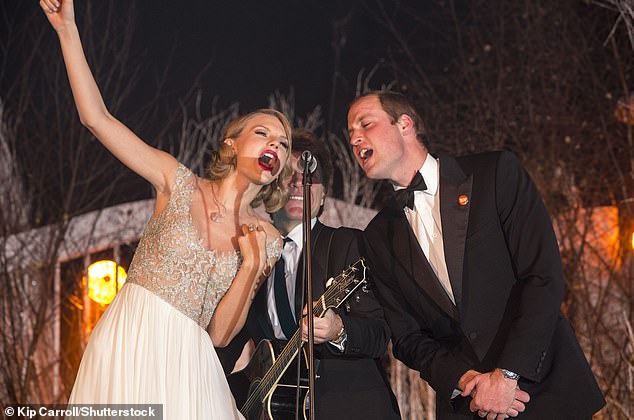 Prince William previously performed on stage with Taylor Swift and Jon Bon Jovi at a charity concert in 2013; here the trio are seen performing Bon Jovi's hit Livin' On A Prayer (pictured)