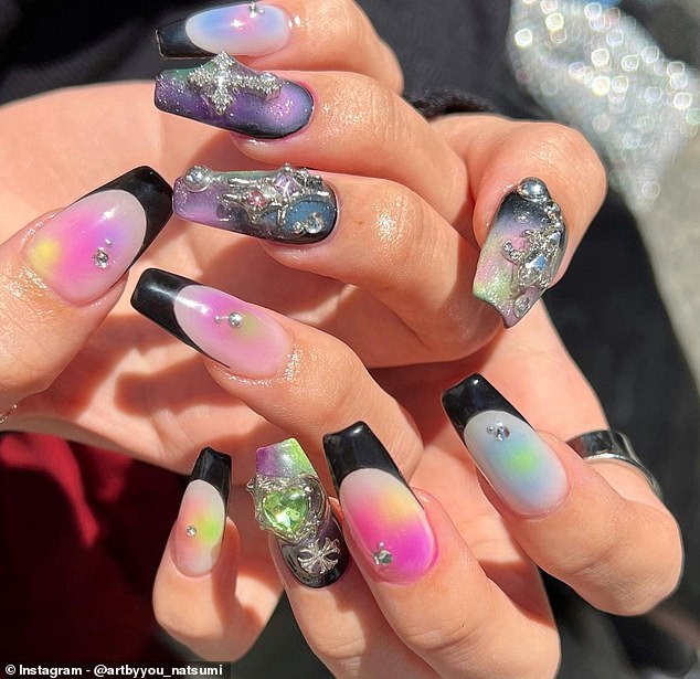 The beauty element of the aesthetic includes thick 3D nails adorned with unusual gems and brightly colored embellishments for a maximalist look.