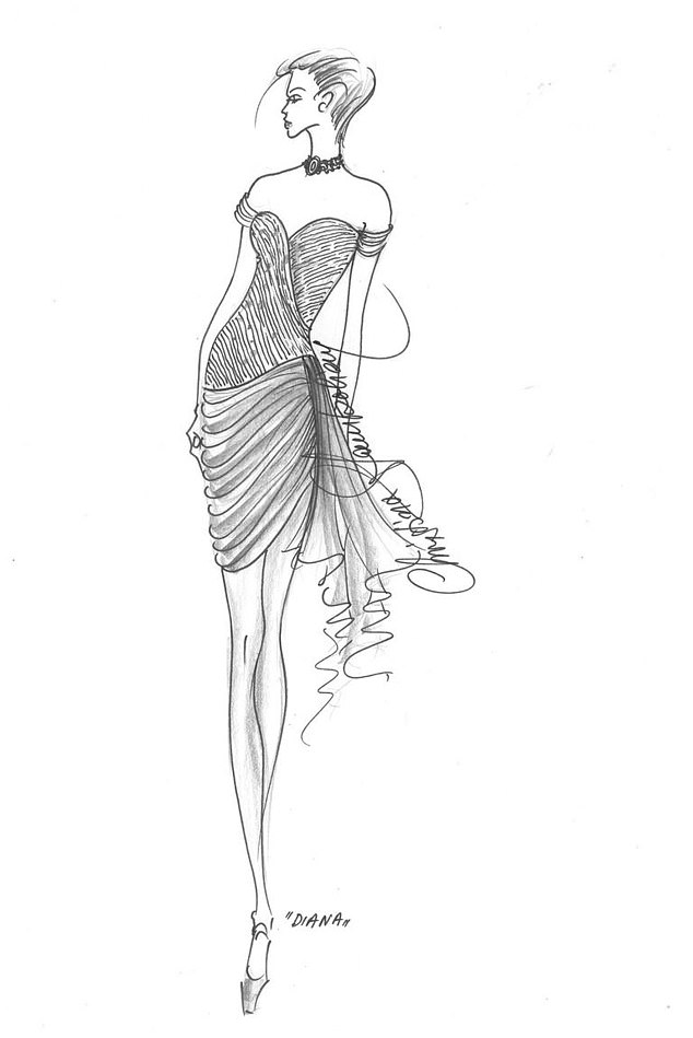 Princess Diana's revenge dress sketch by Christina Stambolian taken from the book Diana: A Life in Gowns by Claudia Joseph