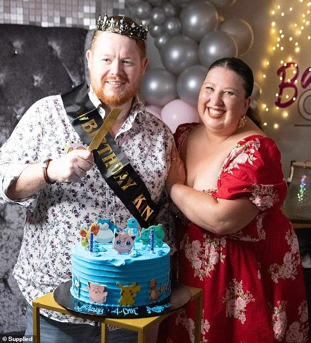 Trigg just turned 40 and has set a goal of working hard to see his wife perform in a musical at the end of July (pictured with wife Kylie on her 40th birthday).