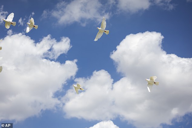 White doves fly away after being released during a graveside service for Jocelyn on Thursday.