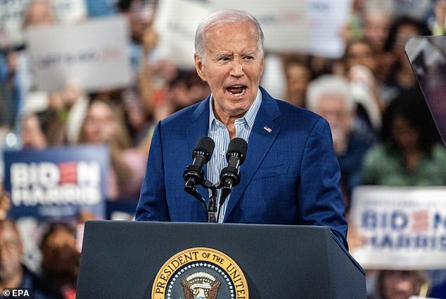 US President Joe Biden speaks to the crowd during a campaign event at the Jim Graham Building at the North Carolina State Fairgrounds in Raleigh, North Carolina, US, on June 28, 2024