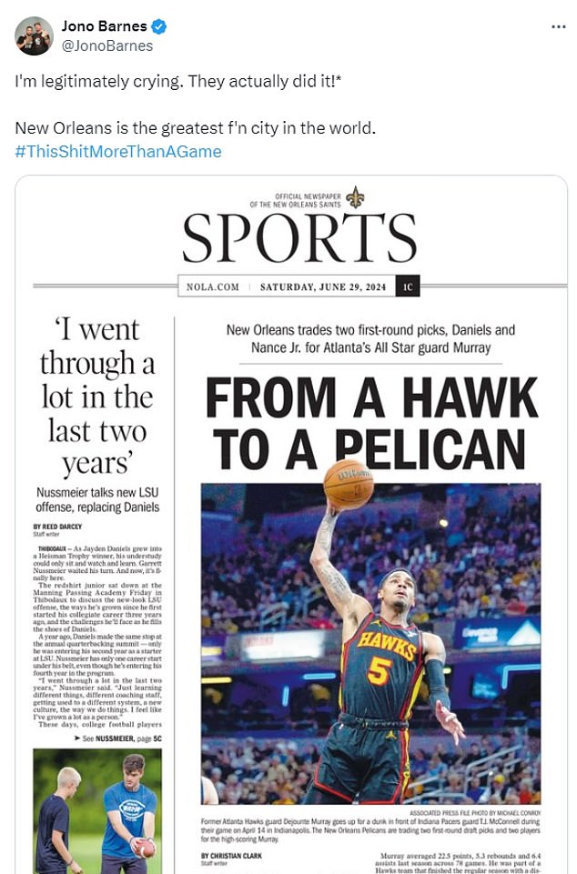 The Times Picayune published a clever headline about NBA star Dejounte Murray's trade from the Hawks to the Pelicans after a suggestion from a fan on social media.