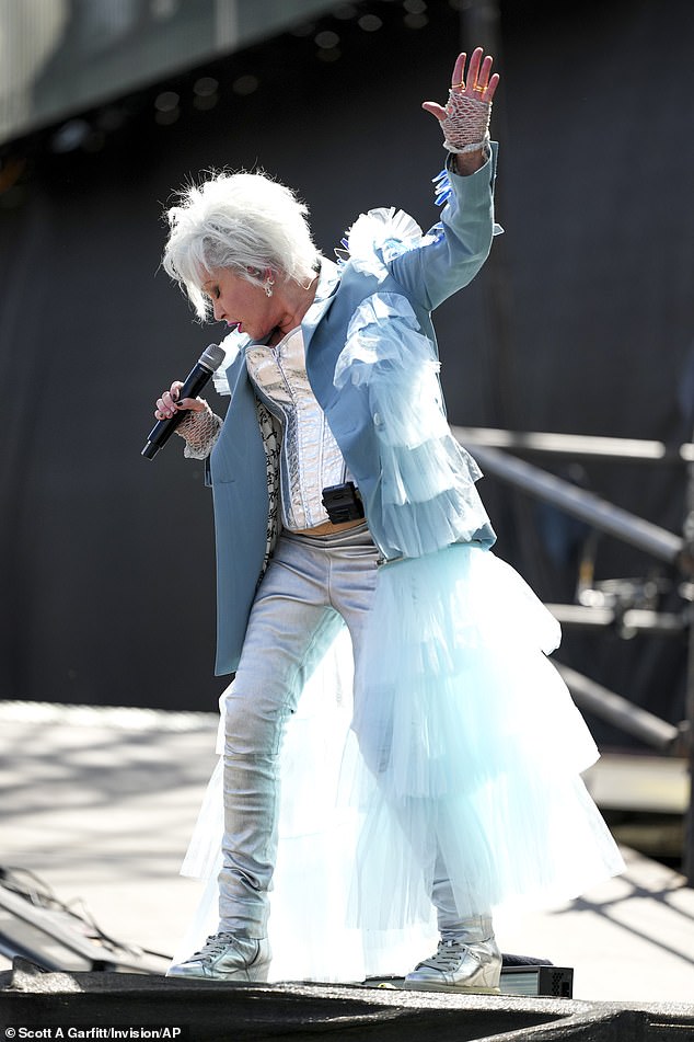 The singer was seen looking at members of the production team next to the Pyramid stage as she continued to perform a show for the audience.