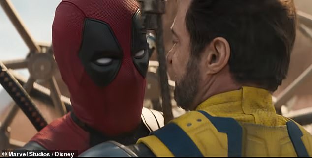 While Wolverine is about to kick some ass, Ryan Reynolds' Deadpool, 47, calls a timeout to remove the swords sticking out of him while offering him a pep talk.