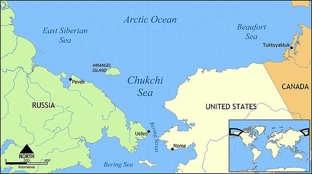 Wrangel Island, where woolly mammoths made their last stand as a species, is seen just above the northeastern tip of Russia.