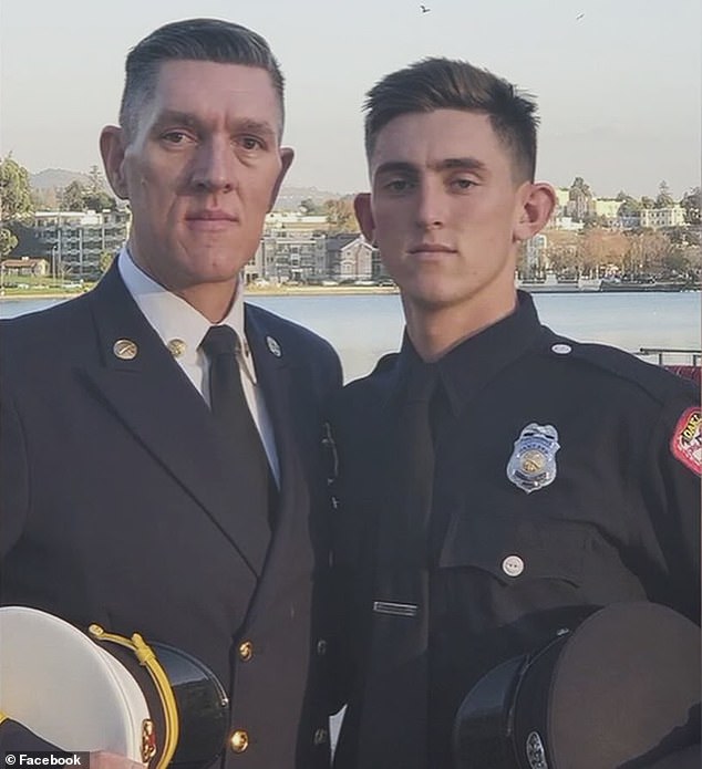 Caedan (right) joined the Oakland Fire Department in 2019 and worked with his father Sean Laffan (left) for a year before dying of a heart attack while on the job.