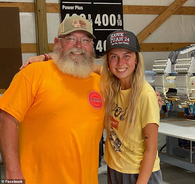 The girl 'Hawk Tuah', identified as Hailey Welch (right), sells two different types of hats with the phrase written on them, one with a leather patch and one embroidered.