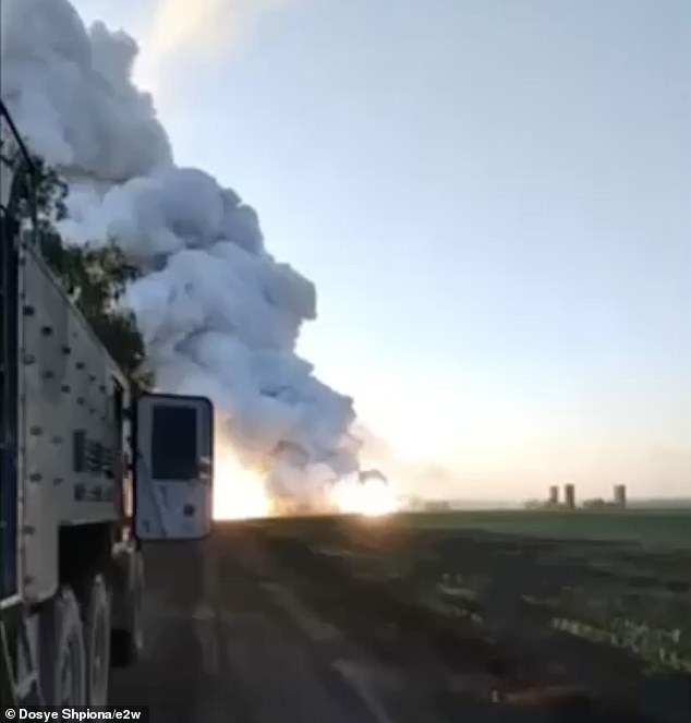 The site of a Russian air defense system in Belgorod appears in flames following what is believed to have been a HIMARS attack.