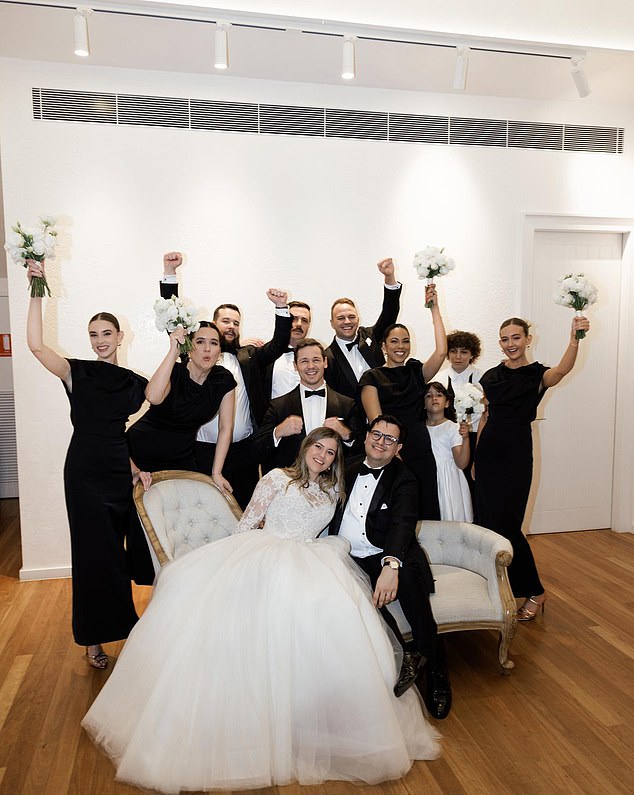 Pictured is the wedding party, including best man Alan Horner (back row, centre, with moustache). Bridesmaid Emma Webster is second from the left. David Sharaz's sister is standing directly behind him.