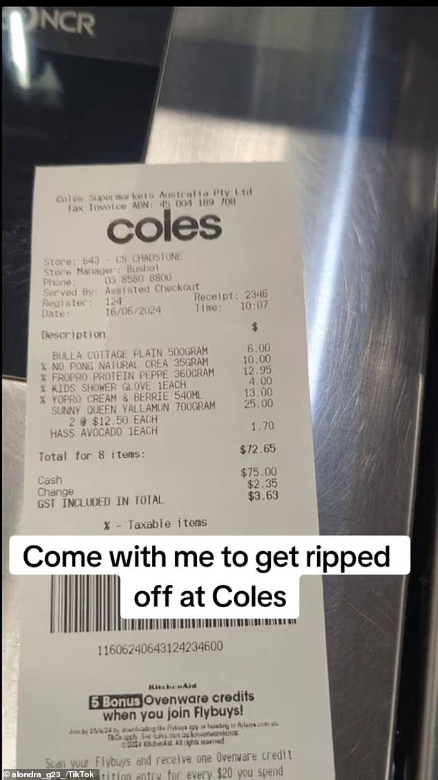 In his video, Gataé complains that only eight items at Coles cost him $72, when for $100 more he bought an entire cart of groceries at the German competitor.