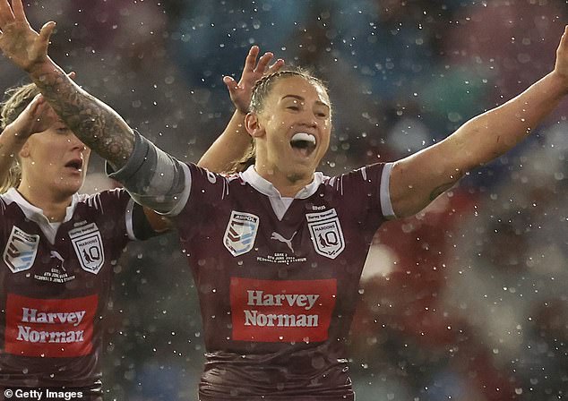 Julia Robinson of the Maroons celebrates the team's victory during game two at Newcastle's McDonald Jones Stadium