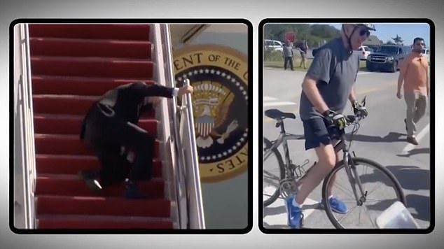 The video showed Biden falling down stairs and off his bicycle.