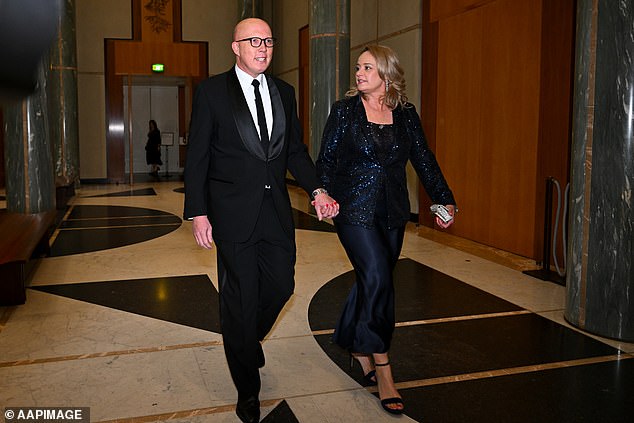 It is the first time Dutton (pictured with wife Kirrily) has eclipsed Albanese as preferred prime minister.