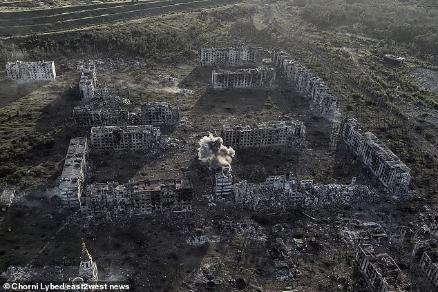 Russian thermobaric bombs have pulverized the once quiet Ukrainian city of Donetsk region (pictured above: ruins of multi-storey buildings destroyed by flamethrower bombs)