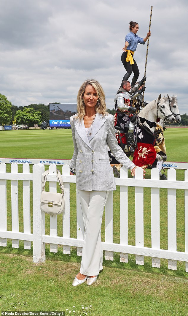 The English socialite, 47, looked sophisticated in white pants which she paired with a sequin jacket at Guards Polo Club.