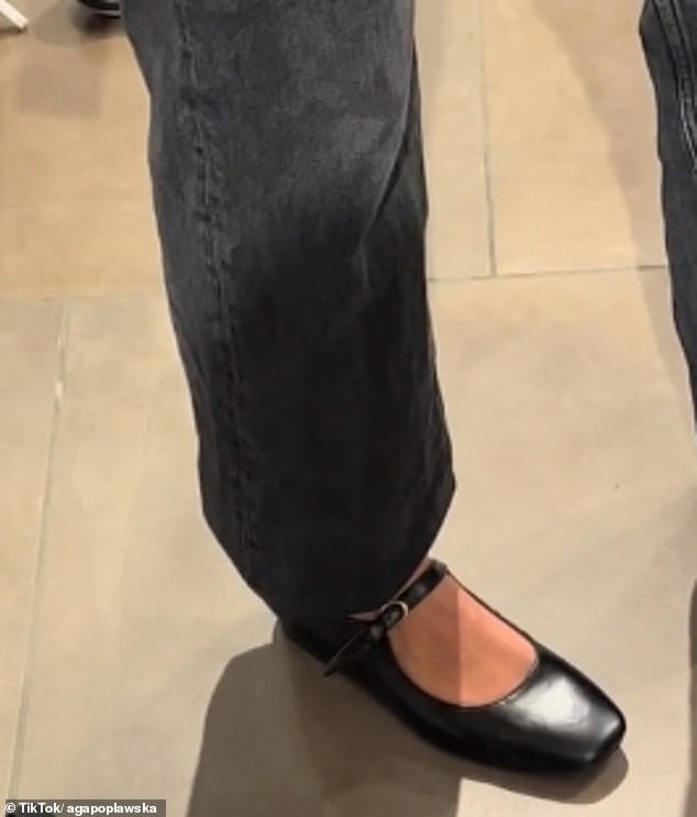 The content creator tried on the square-toe ballet flats in black, which feature a single buckled strap (pictured).