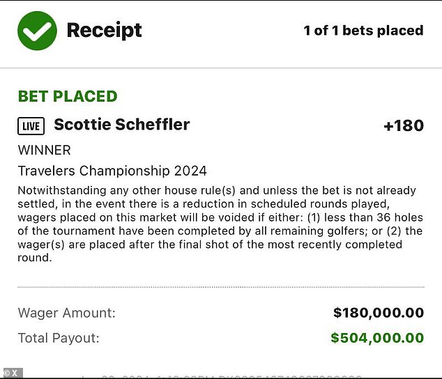 Portnoy will receive a total payout of $504,000 after betting $180,000 on the world No. 1.