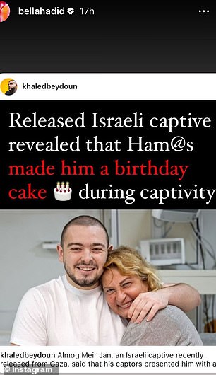 The supermodel shared a post on her Instagram Stories on Wednesday in which she claimed that Hamas made freed hostage Almog Meir a birthday cake on Jan. 21 while he was in captivity.