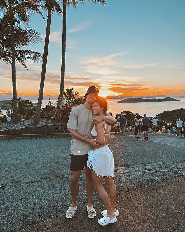 Another image captures a serene moment under palm trees at sunset, a perfect backdrop to commemorate their engagement.